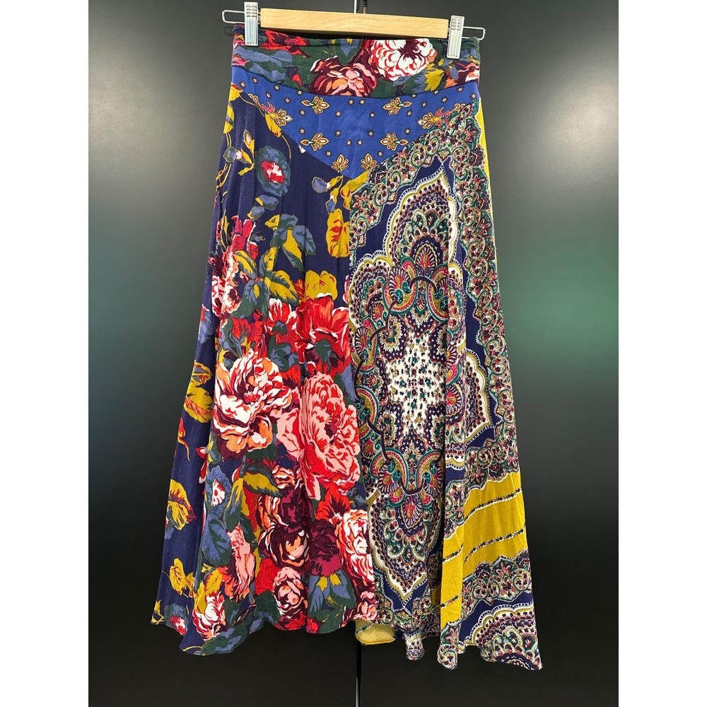 Moulinette Soeurs Navy Floral & Paisley Midi Skirt with Yellow Accents
